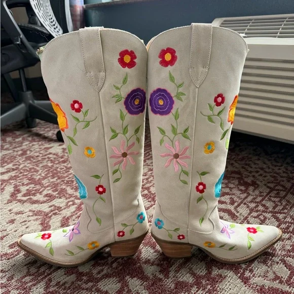 Viral Dan Post Ladies Flower Power White Suede Tall Western Boots DI277-WH Sz9 - Picture 10 of 12